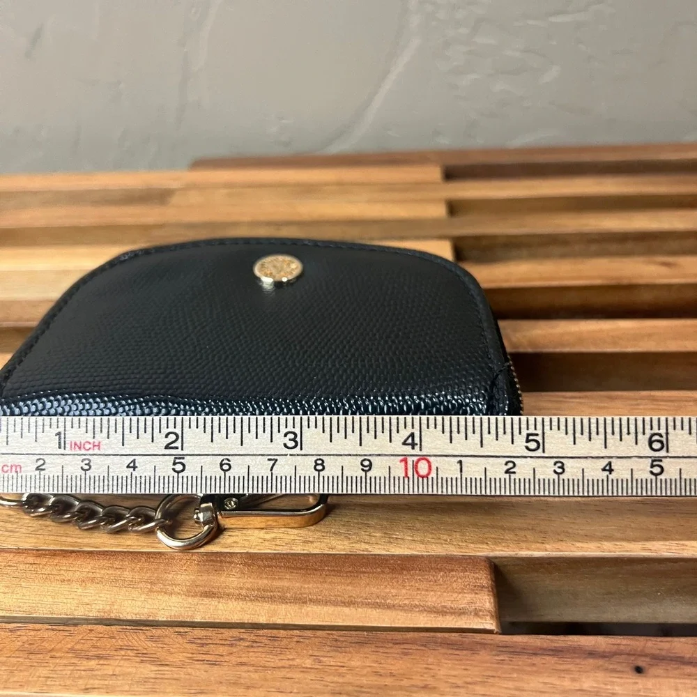 Anne Klein Black Lizard Embossed Accordion Card Case Keychain Wallet Gold Tone